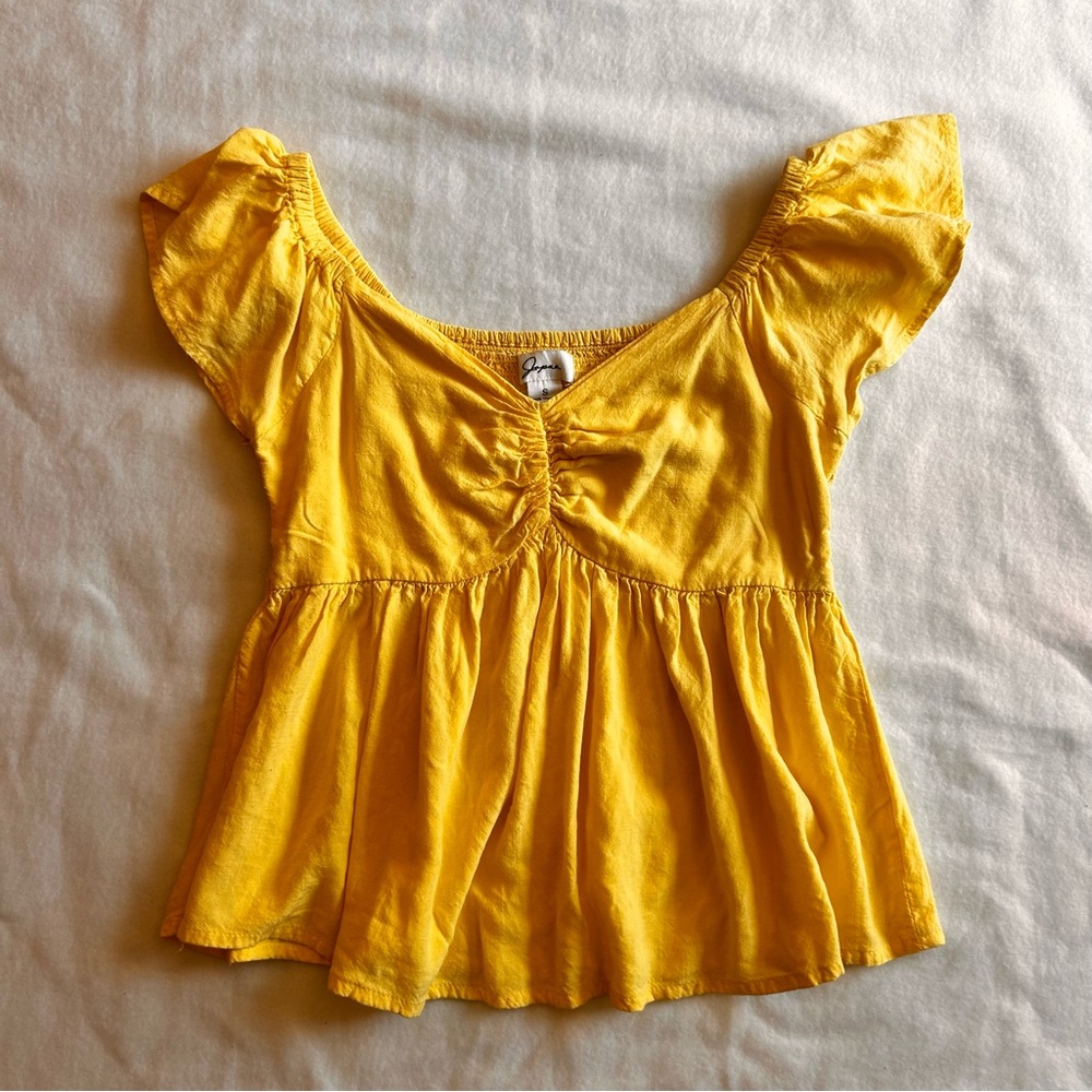 Zara Yellow Puff Sleeve Blouse with Ruched Tie Front